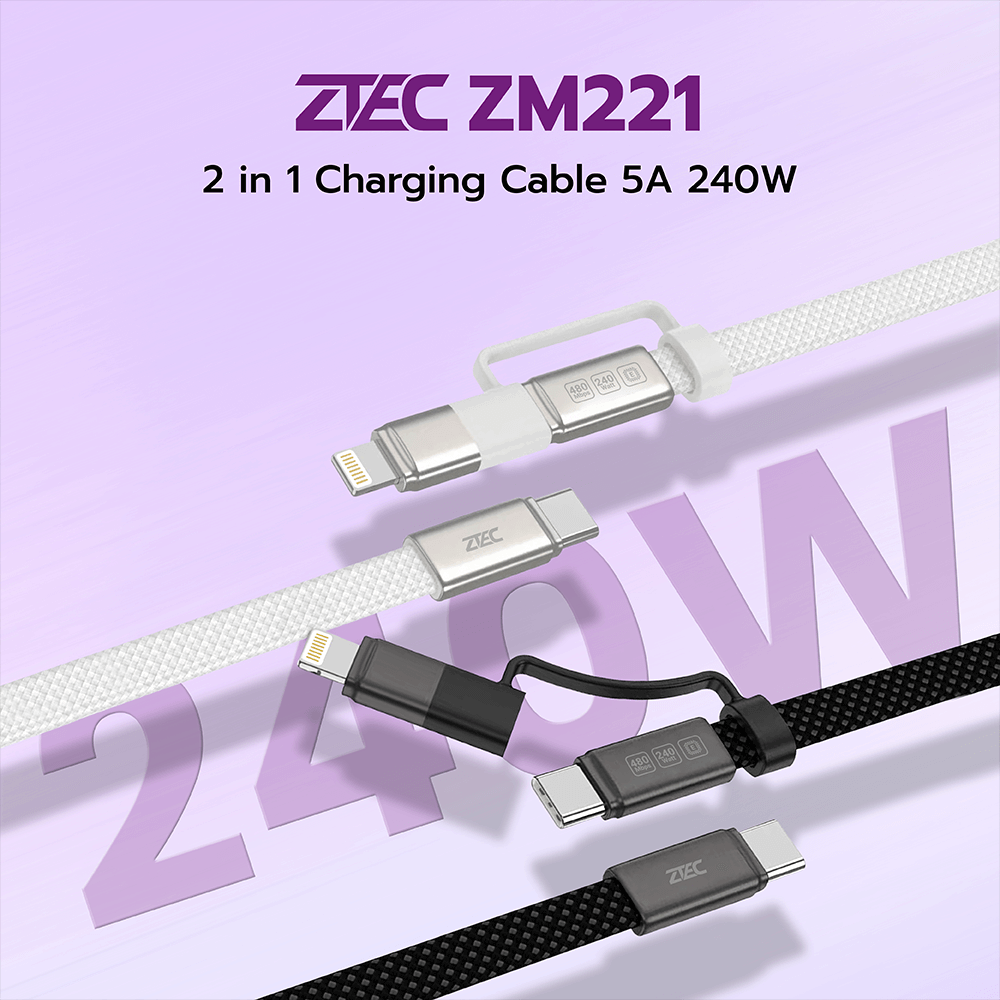 สายชาร์จไนลอนถัก ZTEC ZM221 2 IN 1 สีขาว รองรับชาร์จเร็ว 5A 240W USB-C TO USB-C & LIGHTNING ความยาว 1.2 เมตร_1